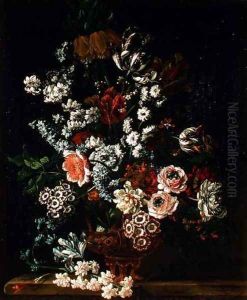 An Arrangement of Flowers in a Glass and Ormolu Vase