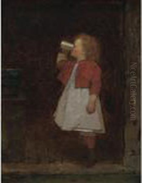 Little Girl With Red Jacket Drinking From Mug - view 1