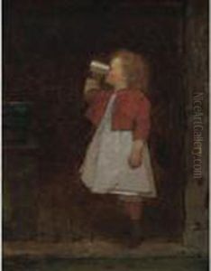 Little Girl With Red Jacket Drinking From Mug by Eastman Johnson