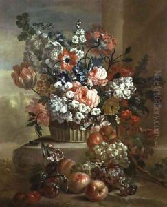 Still life of a basket of flowers and fruit by Pauwel Casteels
