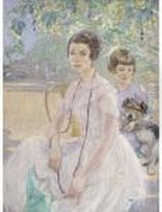 Portrait Of A Mother And Child,
Seated Three-quarter-length, Insummer Dresses, With A Parasol And A
Puppy by Ernest Borough Johnson