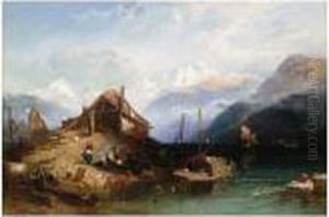 Lake Thun With Boats, A View Of The Alps Beyond by Harry John Johnson