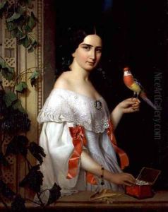 Portrait of a Lady with a Parakeet, 1856 by August (Agost Elek) Canzi