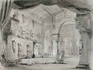 Set design of the palace interior for a performance of the opera 'Macbeth' by Charles Antoine Cambon