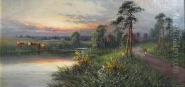 River Landscape With Cattle Watering At Sunset - view 1