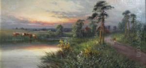 River Landscape With Cattle Watering At Sunset by Sidney Yates Johnson