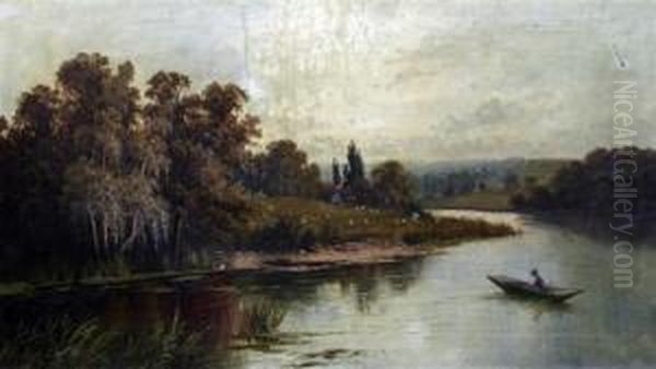 River Landscape With Angler And Punt - view 1