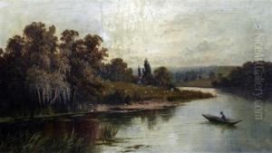 River Landscape With Angler And Punt