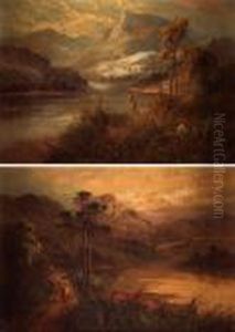 Highland Scene With Shepherd And Sheep And Angler On A Riverbank Highland Scene With Shepherd And Sheep And Angler On A Riverbank