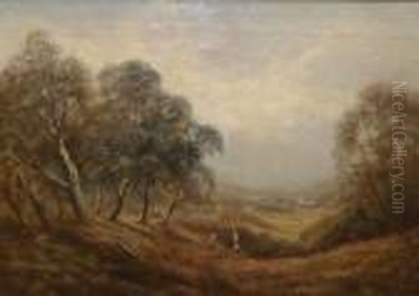Figures Gathering Kindling In A Wooded Landscape - view 1