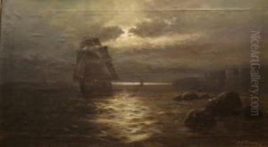 Moonlight, Sailing Ships Off Coast On A Cloudy Moonlightnight by Sidney Yates Johnson