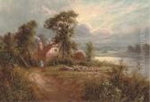 A Figure Outside A Country Cottage Beside A River - view 1