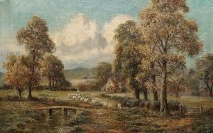 A Shepherd And His Flock On A 
Country Path; A River Landscape With A Figure Fishing In The Foreground