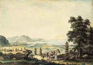An extensive mediterranean landscape with peasants baling hay on poles by Claude Louis Chatelet