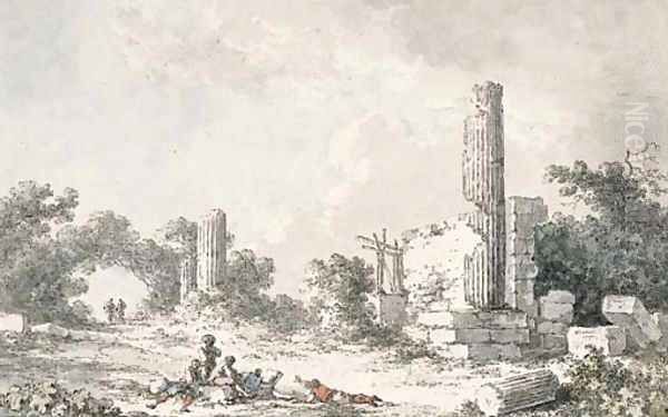 The ruins of the Temple of Castor and Pollux, Agrigento, with artists sketching - view 1