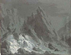 An alpine waterfall by Claude Louis Chatelet