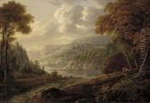 Figures Resting Beneath A Tree In A Rocky Wooded River Landscape