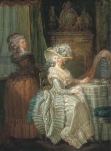 Dame Elegante A Sa Table De Toilette Avec Une Servante