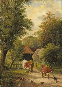 Kuhe, Huhner Und Ein Hundvor Einem Stall by Charles Jones
