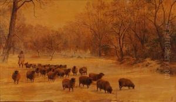 Sheep And Shepherdin A Snowy Winter Landscape - view 1