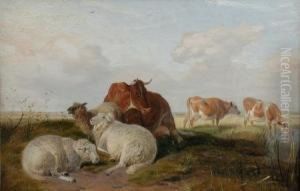 Sheep And Cattle In A Marshland Landscape By A Pond by Charles Jones