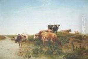 Cows Watering In An Extensive Landscape by Charles Jones
