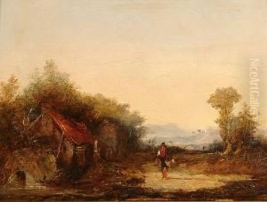 A Figure With A Dog Beside A Watermill