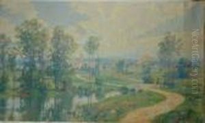 Extensive River Landscape With Village Beyond by Hugh Bolton Jones