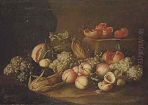 Peaches, grapes, corn on the cob, pomegranates and a melon on a stone floor by Alexander Coosemans