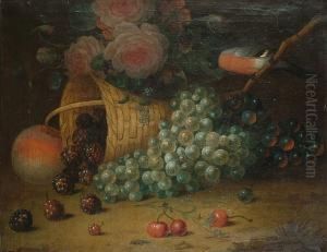 Still Life Of Grapes, Peaches, Blackberries, Cherries, Roses And A Bullfinch by William Jones Of Bath