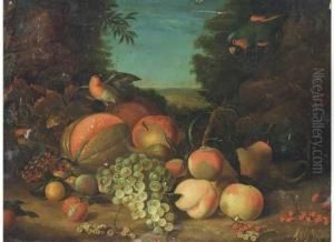 Still Life Of Grapes, Peaches, 
Plums, Berries And A Melon, With Arobin And Parrot To The Side