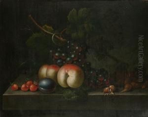 Grapes, Peaches, A Plum, Strawberries And Cobb Nutson On A Ledge