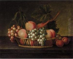 A Still Life Of Fruit In A Basket On A Ledge by William Jones Of Bath