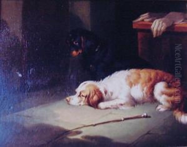 Longing For Their Master, Two Spaniels In An Interior - view 1