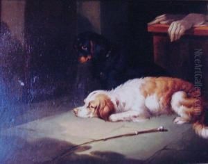 Longing For Their Master, Two Spaniels In An Interior