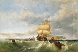 A Coastal Scene With Shipping And Figures In A Dinghy Hauling In Nets