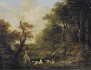 A Gentleman Shooting Pheasant In A Clearing by Samuel John Egbert Jones