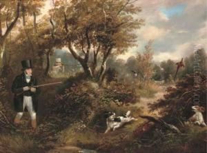 Pheasant Shooting In A Wooded Landscape by Samuel John Egbert Jones
