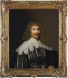 Portrait Of A Gentleman,
Presumably Of The Wilbraham Family, Half-length, In A Black Slashed
Doublet With A Lace Collar by Cornelius Janssens Van Ceulen