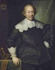 Portrait Of A Member Of The 
Hoeufft Family, Possibly Arnold Hoeufft, Of Cologne, 
Three-quarter-length, In A Black Doublet With Lace-edged Collar And 
Cuffs, His Right Hand On A Table With His Sword With The Hoeufft 
Coat-of-arms