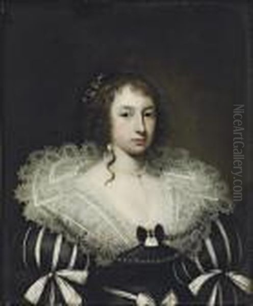 Portrait Of A Lady, Bust-length,
In A Black-and-white Dress With A Lace Collar, With A Pearl Necklace,
Earrings And Ribbons In Her Hair - view 1