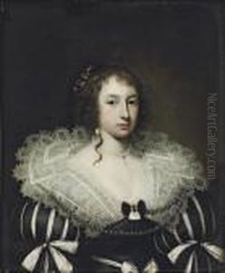 Portrait Of A Lady, Bust-length,
 In A Black-and-white Dress With A Lace Collar, With A Pearl Necklace, 
Earrings And Ribbons In Her Hair