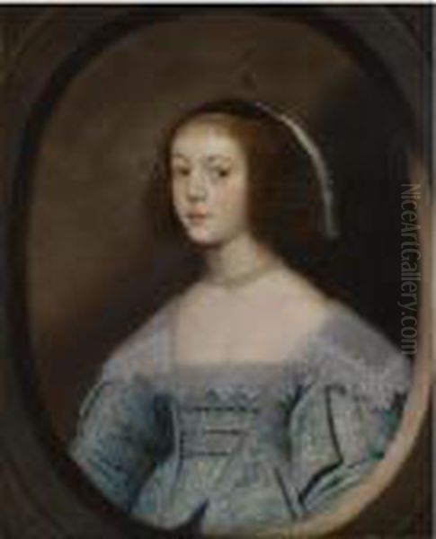 Portrait Of A Young Lady, Half 
Length, Wearing A Blue Embroidereddress And A Pearl Necklace, In A 
Painted Oval - view 1