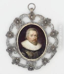 A Gentleman, In
Silver-embroidered Grey Doublet, White Lace Ruff, Moustache And Small
Pointed Beard by Cornelius Janssens Van Ceulen