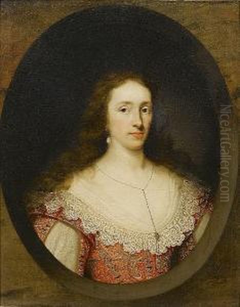 Portrait Of A Lady Of The
Chetwynd Family, Bust-length, In A Red Brocade Dress With Lace Trim, A
Miniature With Her Coat-of-arms Hanging From Her Neck, In A Painted Oval
With A Marble Surround - view 1