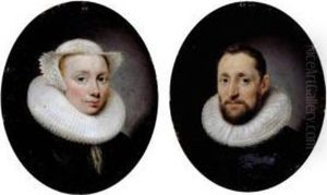 Portrait Of Theoderick Hoste
(1588-1663), Bust-length, In A Black Doublet With A Lace Ruff; And
Portrait Of His Wife Jane Hoste (nee Desmaistres 1596-1661),
Bust-length, In A Black Dress With A Lace Ruff And Bonnet by Cornelius Janssens Van Ceulen