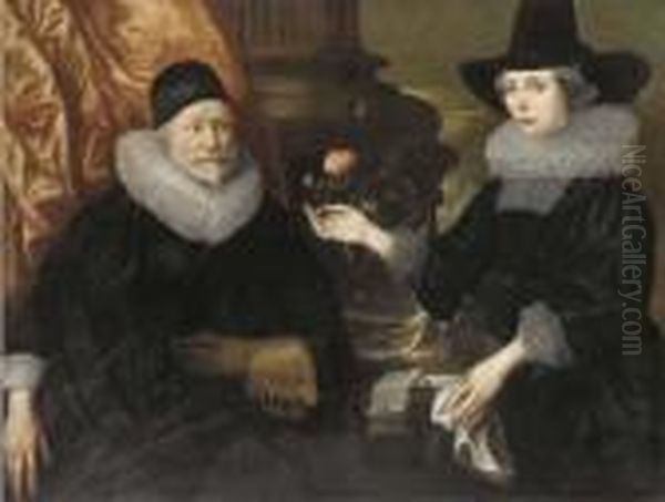 Double Portrait Of A Lady And 
Gentleman, Seated Three-quarter-length, Before A Partly-draped Column 
And A Ledge, She Offering Him A Rose In Her Right Hand - view 1