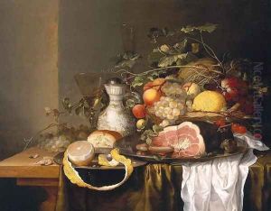 Still life with a basket of fruit and a ham