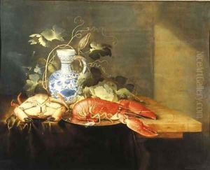 A lobster on a pewter plate, a crayfish, a vine decorating a Delft earthenware jug and a facon-de-Venise wine glass on a draped table by Laurens Craen