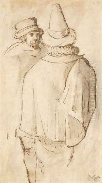 A figure, seen three-quarter-length from behind, in a tall hat and cloak, another man beyond - view 1